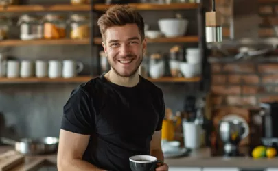 ein sportlicher Mann steht in der Küche mit einem Becher Kaffee in der Hand und lächelt in die Kamera
