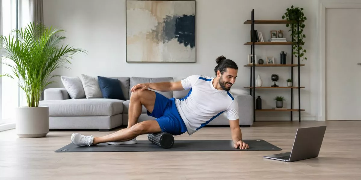 ein sportlicher Mann macht eine Online Faszientrainer Ausbildung im eigenen Wohnzimmer