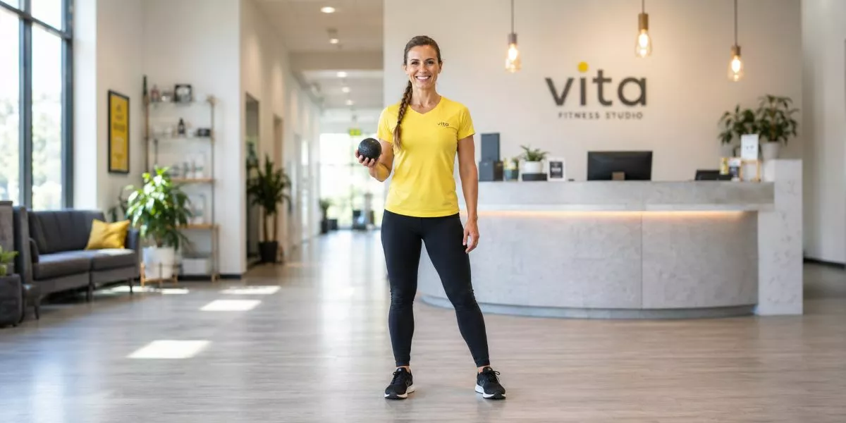 eine nebenberufliche Faszientrainerin steht in einem Fitnessstudio und lächelt in die Kamera