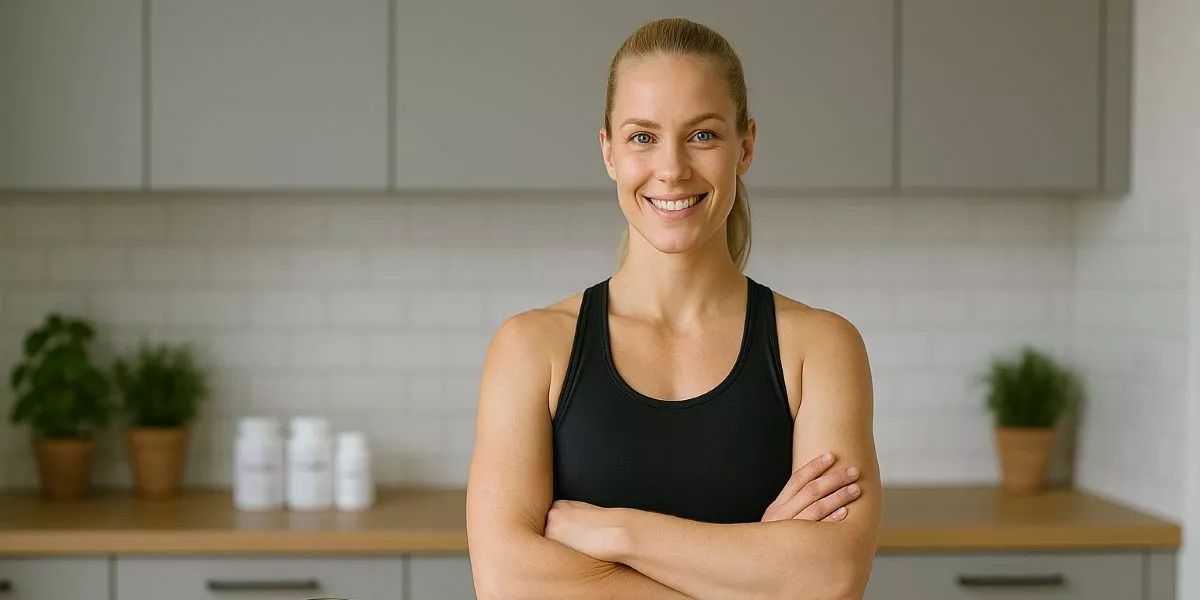 eine sportliche Frau steht in ihrer Küche vor Dosen mit Supplements und lächelt in die Kamera