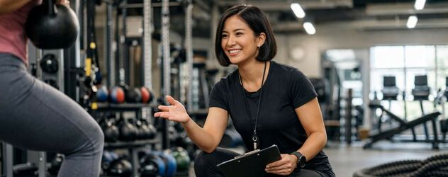 eine Functional Trainerin erklärt einer Klientin im Fitnessstudio etwas