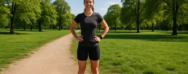 eine Läuferin steht in einem Park und lächelt in die Kamera