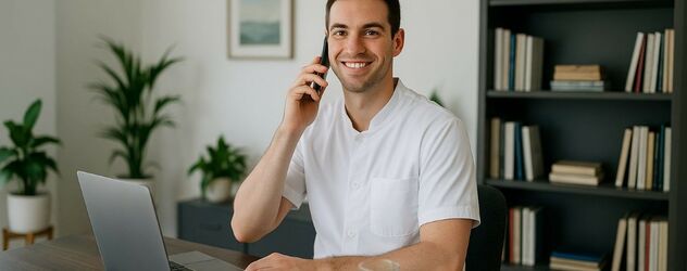 eine Taping Coach sitzt an seinem Schreibtisch und telefoniert
