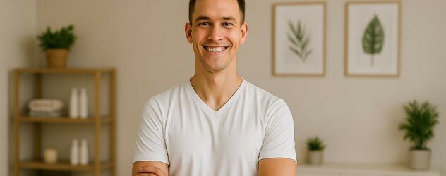 Masseur in weißer Kleidung steht in einer Massagepraxis