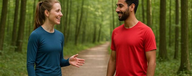 eine Lauftrainerin erklärt ihrem Klienten auf einem Lauftrail im Wald etwas