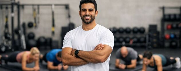 ein nebenberuflicher Functional Trainer steht in einem Fitnessraum vor seinen Kursteilnehmern, die Planks machen