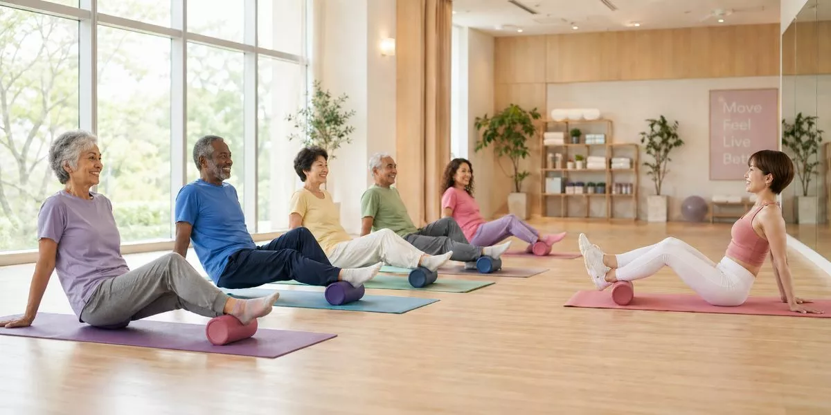 eine selbstständige Faszientrainerin macht Faszienübungen mit einer Seniorengruppe