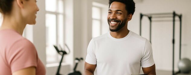 ein Rückenkursleiter spricht lächelnd mit einer Kursteilnehmerin in einem Gym