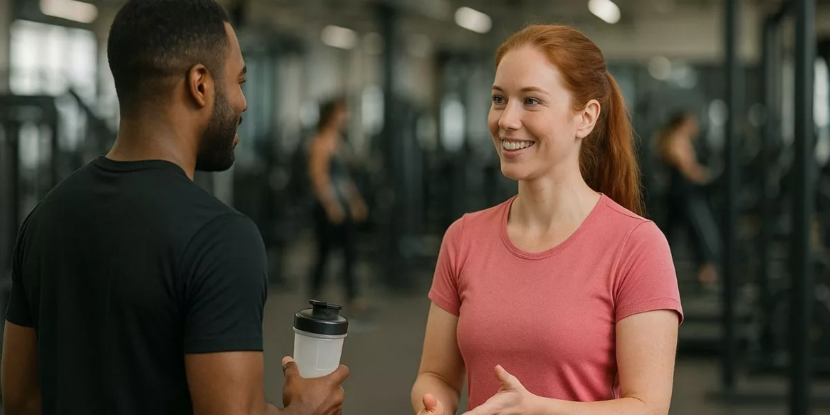 eine Supplement Coachin berät einen Kunden in einem Fitnessstudio