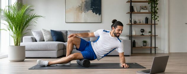 ein sportlicher Mann macht eine Online Faszientrainer Ausbildung im eigenen Wohnzimmer
