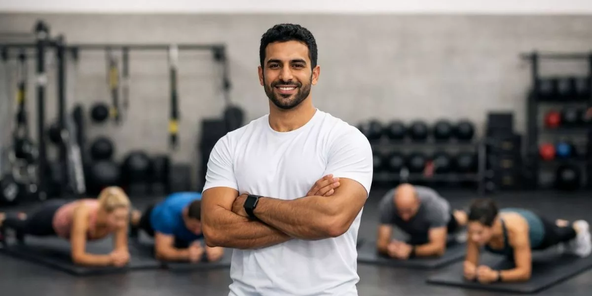 ein nebenberuflicher Functional Trainer steht in einem Fitnessraum vor seinen Kursteilnehmern, die Planks machen