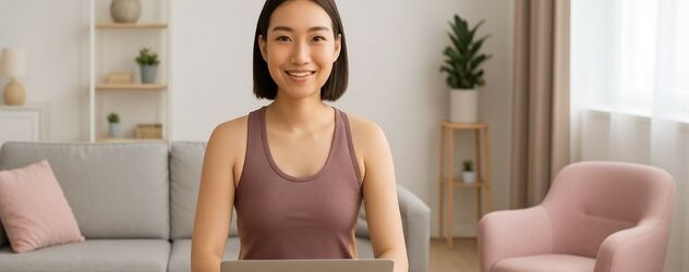 eine sportliche Frau macht eine Lauftrainer Ausbildung Online am Laptop