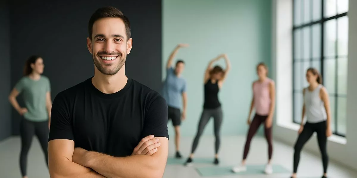 ein Rückenkursleiter steht in einem Trainingsraum mit seinen Kursteilnehmern