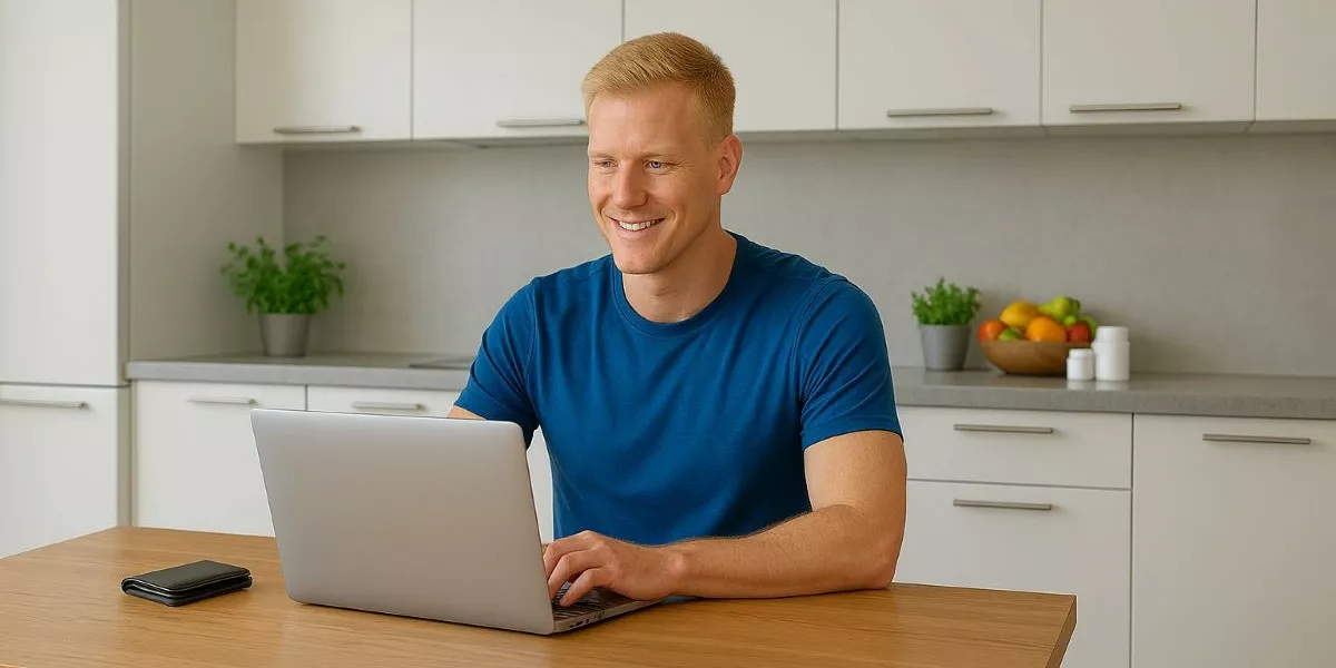 ein sportlicher Mann sitzt an seinem Laptop in seiner Küche