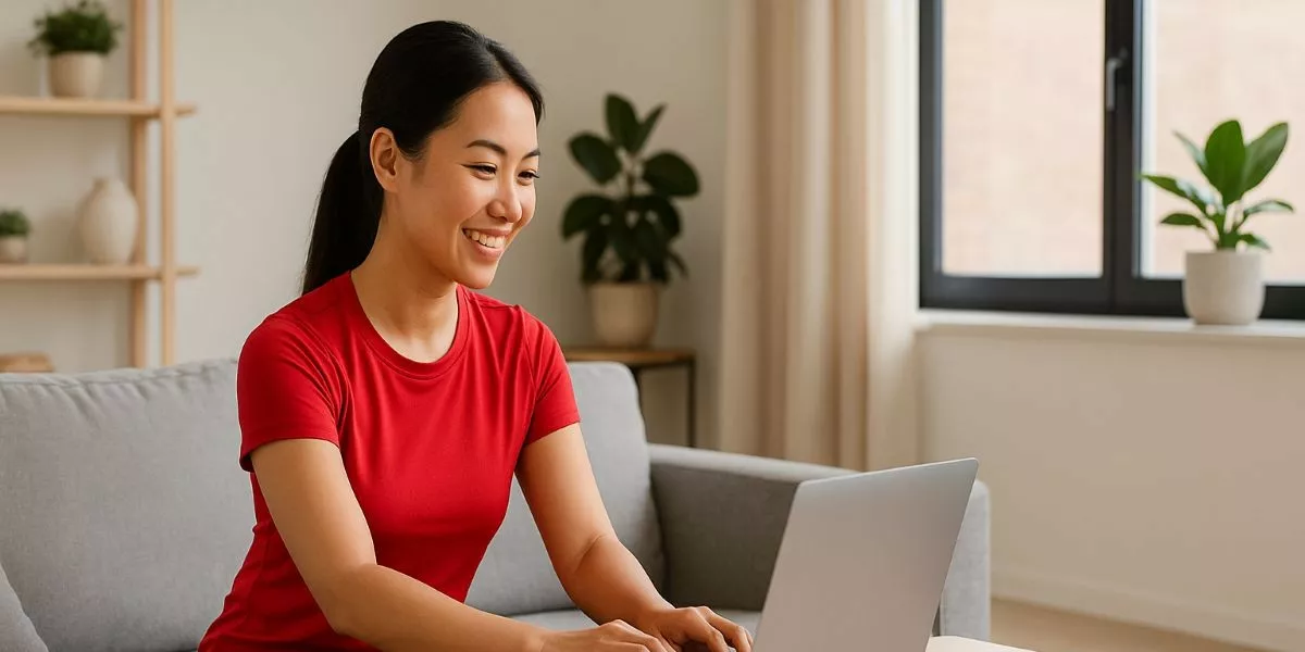 eine junge Frau sitzt an ihrem Laptop und absolviert die Supplement Coach Ausbildung