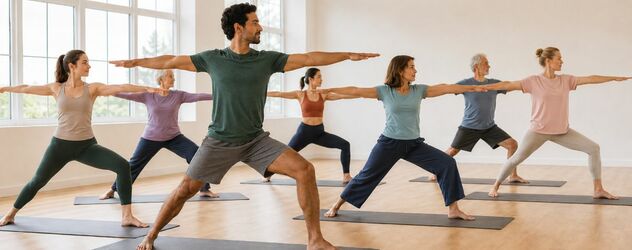 Eine Gruppe von Personen übt gemeinsam in einem Yogastudio auf Yogamatten