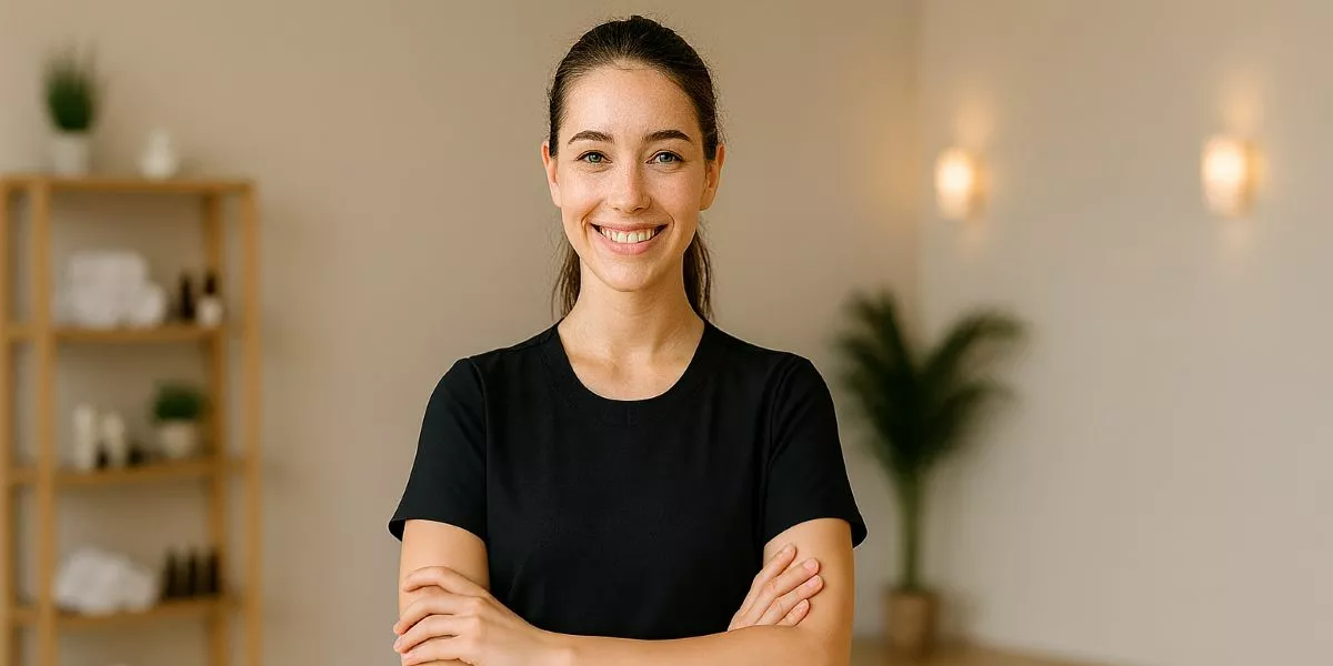 Wellness Masseurin steht in ihrer Massagepraxis