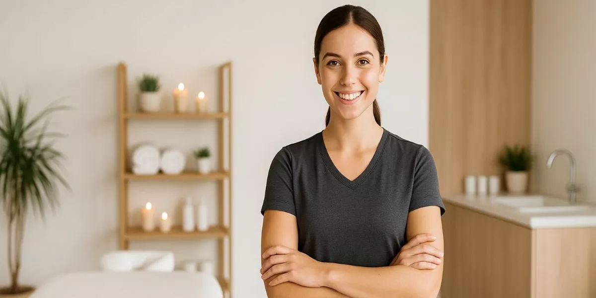 Masseurin steht in einem modernen Massagestudio neben einer Liege