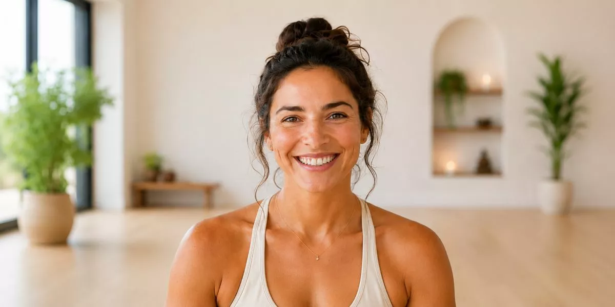 Eine sportliche Frau lächeln in einem modernen Yogastudio