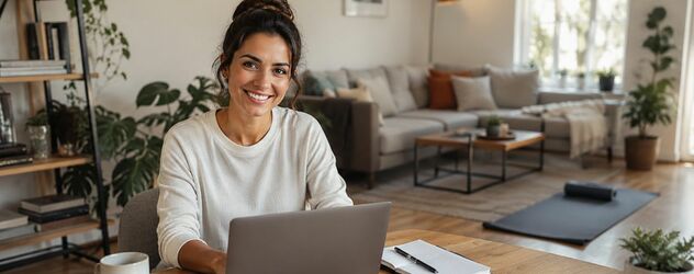 Eine Frau mit weißem Pullover sitzt in einem Wohnzimmer an einem Laptop