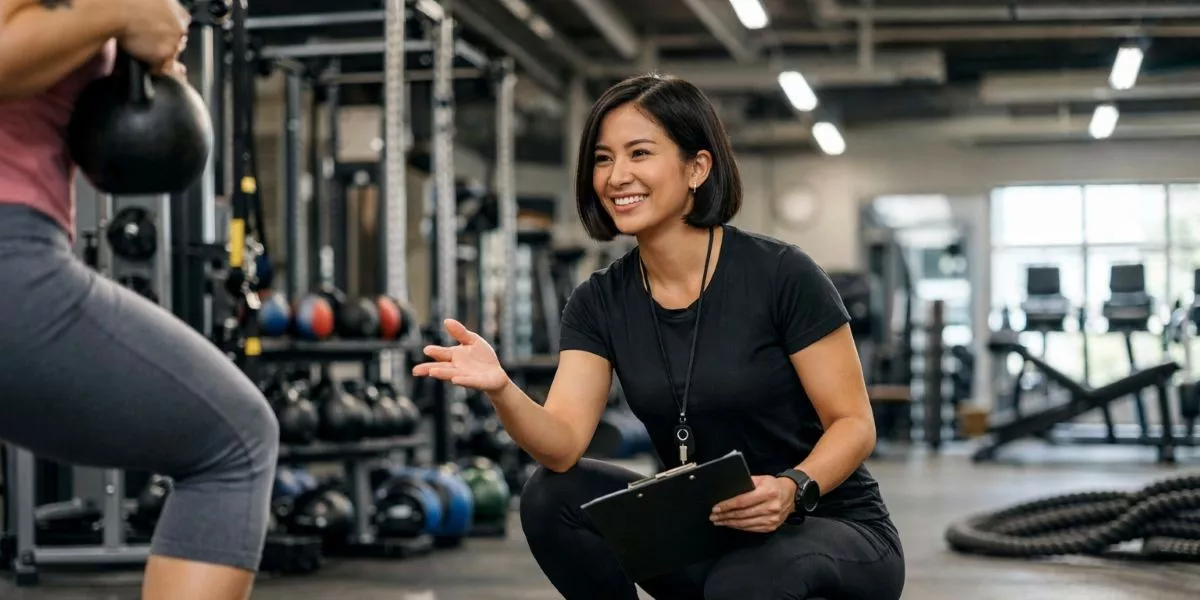 eine Functional Trainerin erklärt einer Klientin im Fitnessstudio etwas