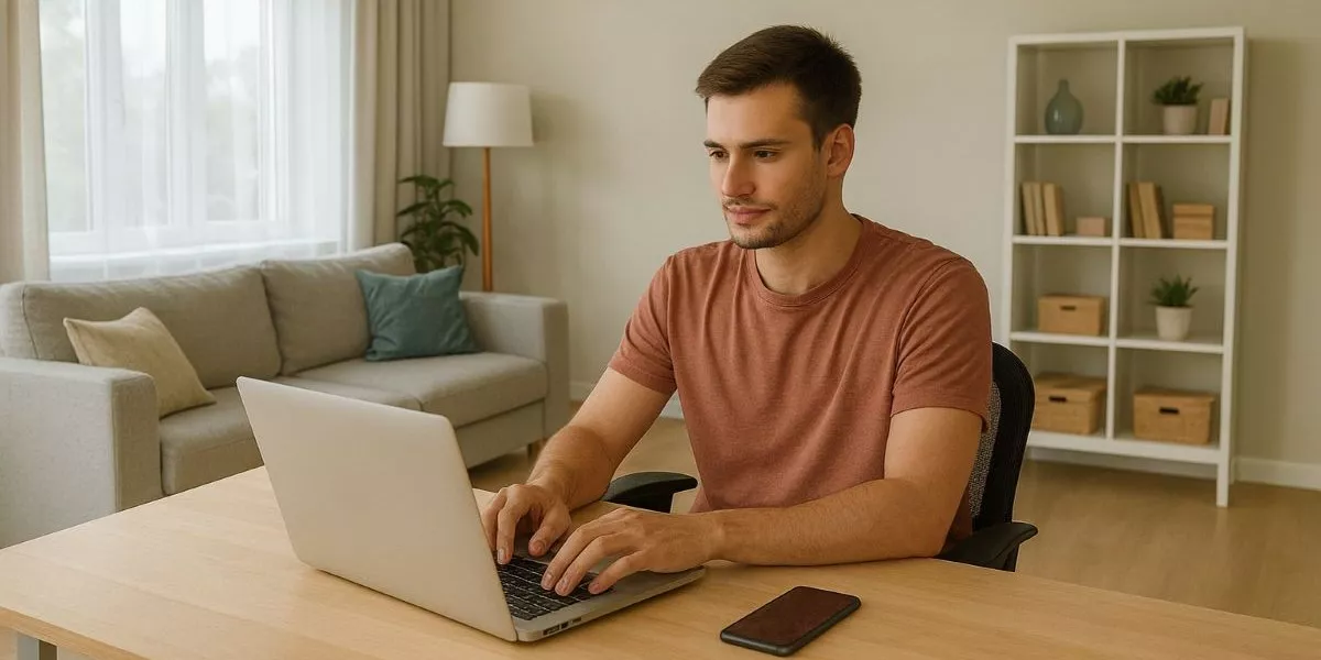 Mann arbeitet in seinem Wohnzimmer an einem Laptop