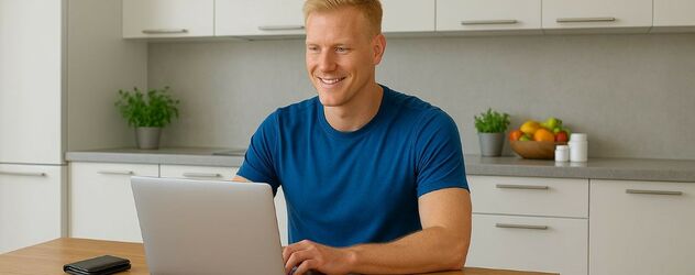 ein sportlicher Mann sitzt an seinem Laptop in seiner Küche