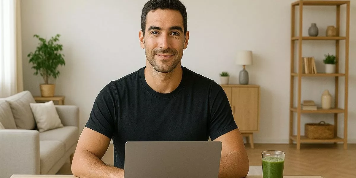 ein sportlicher Mann sitzt vor seinem Laptop und absolviert eine Supplement Coach Ausbildung