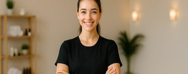 Wellness Masseurin steht in ihrer Massagepraxis