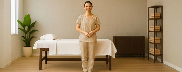 Masseurin steht in einem modernen Studio vor einer Massageliege