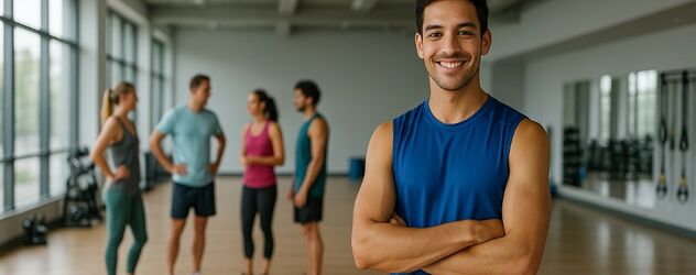 ein Aerobic Trainer steht in einem Trainingsraum, hinter ihm stehen vier Aerobic-Kursteilnehmer