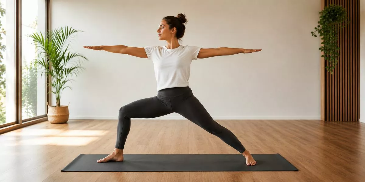 Eine Yoga Trainerin führt eine Übung auf einer Yogamatte aus