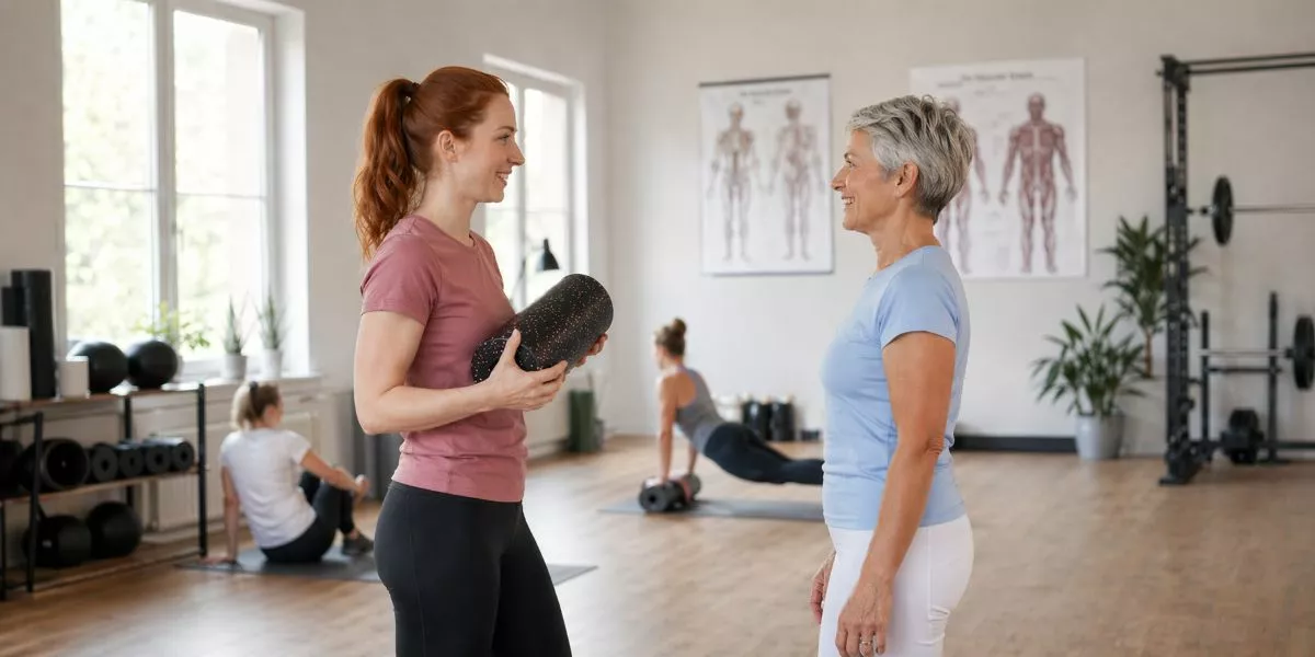 eine Faszientrainerin spricht mit einer Kundin in einem Trainingsraum
