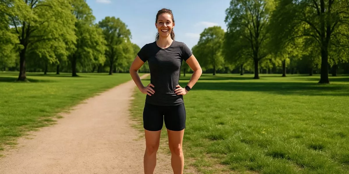 eine Läuferin steht in einem Park und lächelt in die Kamera
