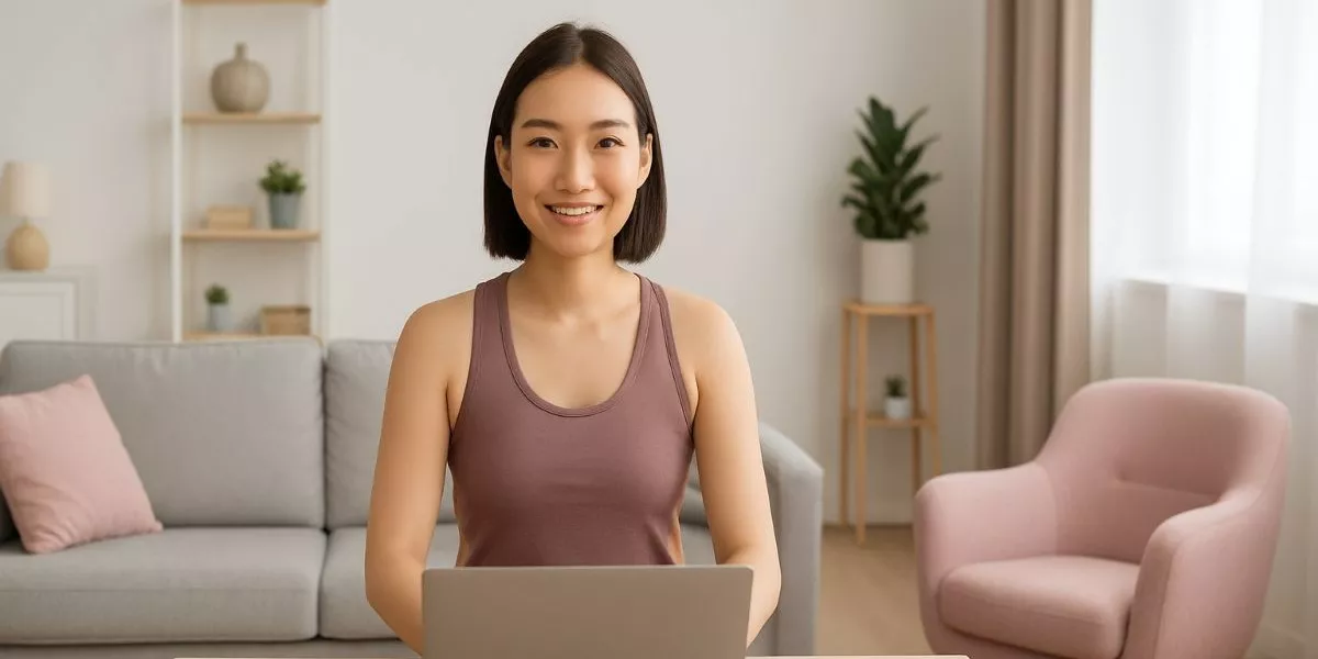 eine sportliche Frau macht eine Lauftrainer Ausbildung Online am Laptop