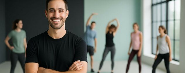 ein Rückenkursleiter steht in einem Trainingsraum mit seinen Kursteilnehmern