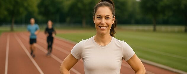 eine selbstständige Lauftrainerin steht auf einer Tartanbahn und lächelt in die Kamera
