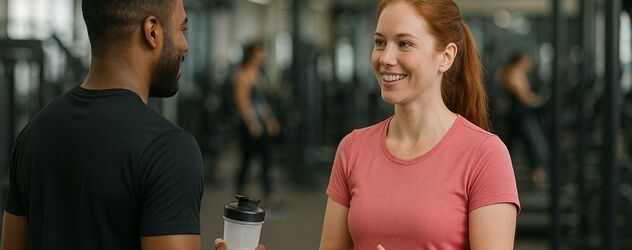 eine Supplement Coachin berät einen Kunden in einem Fitnessstudio