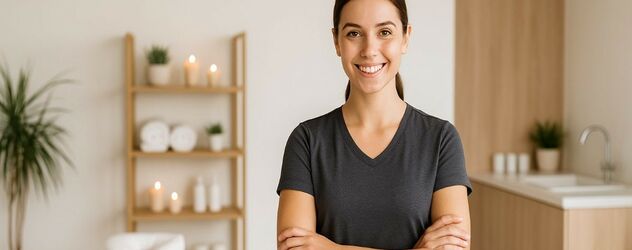 Masseurin steht in einem modernen Massagestudio neben einer Liege