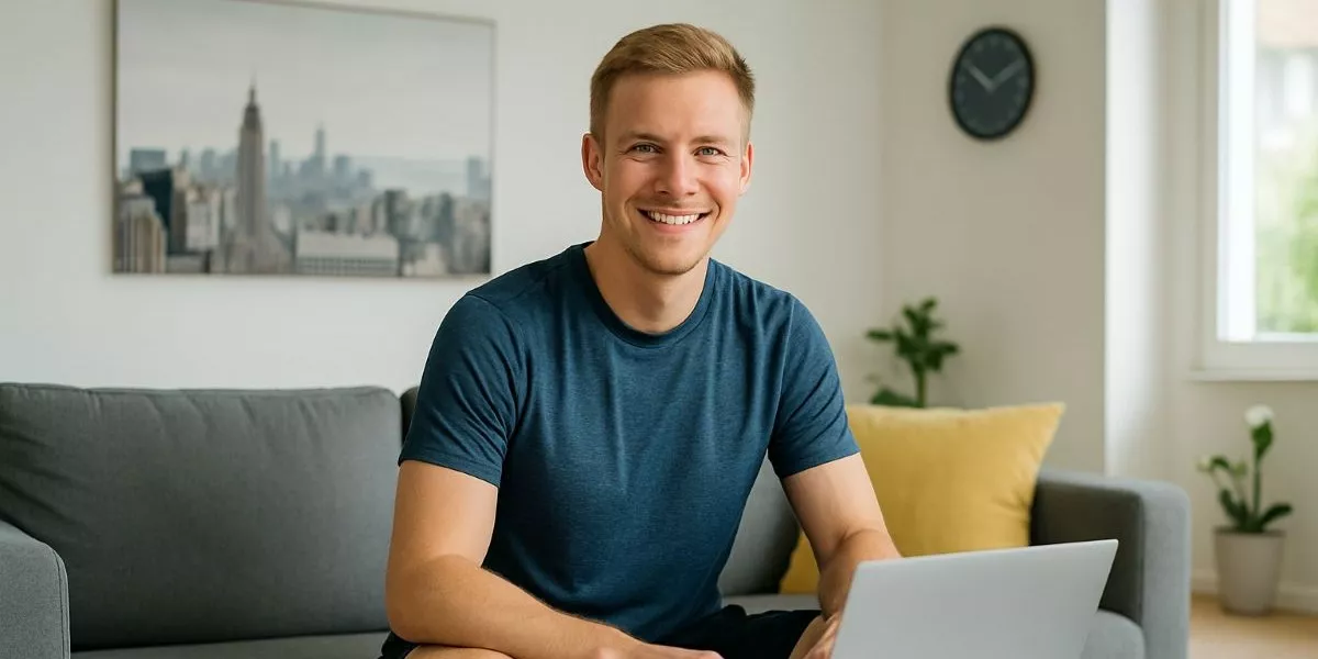 ein junger sportlicher Mann sitzt auf einem Sofa vor seinem Laptop und lächelt in die Kamera