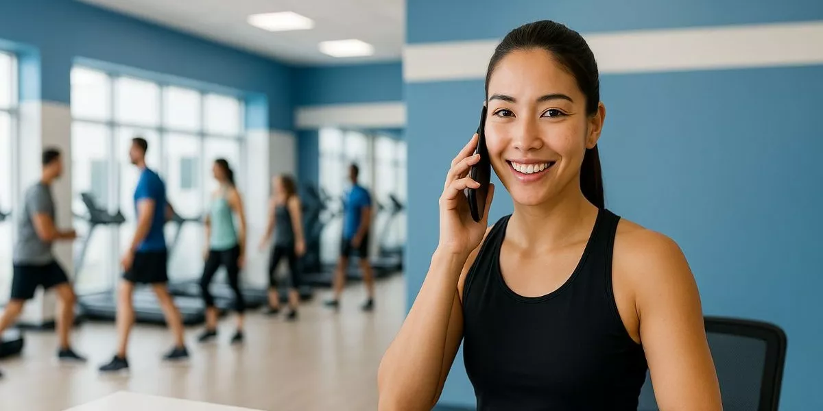 eine Aerobic Trainerin steht am Tresen eines Fitnessstudios und telefoniert