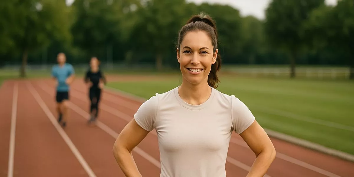 eine selbstständige Lauftrainerin steht auf einer Tartanbahn und lächelt in die Kamera