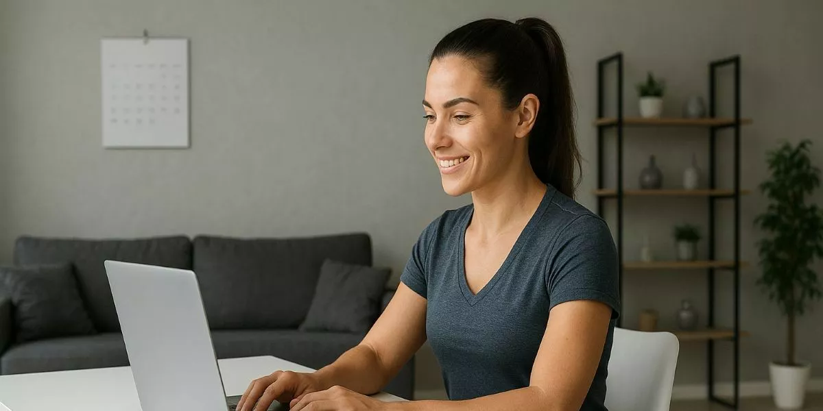 eine sportliche Frau sitzt an ihrem Laptop und absolviert eine Supplement Coach Ausbildung