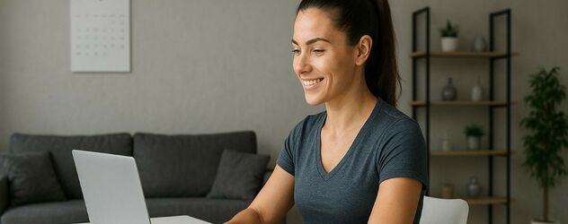 eine sportliche Frau sitzt an ihrem Laptop und absolviert eine Supplement Coach Ausbildung