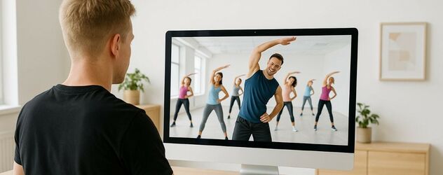 Ein junger sportlicher Mann sitzt am Laptop und recherchiert zur Aerobic Trainer Ausbildung