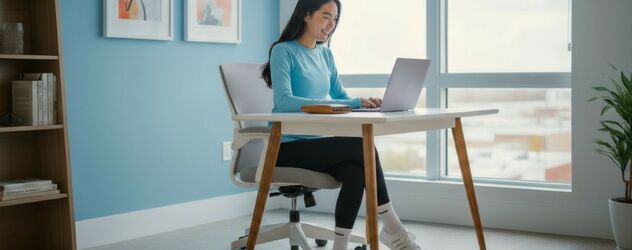 eine junge Frau sitzt an ihrem Laptop und lächelt
