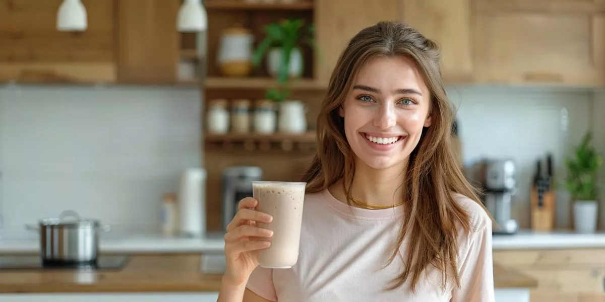 eine Frau steht lächelnd mit einem Formula Diät Shake in einer modernen Küche