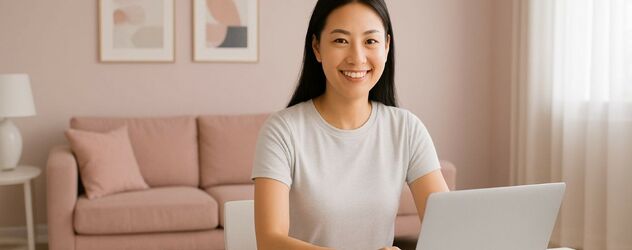 eine junge Frau sitzt am Laptop und absolviert eine Rückenkursleiter Ausbildung