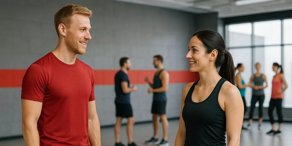 Ein selbstständiger Aerobic Trainer unterhält sich mit einer Kursteilnehmerin in einem Sportraum