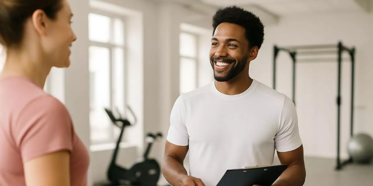 ein Rückenkursleiter spricht lächelnd mit einer Kursteilnehmerin in einem Gym